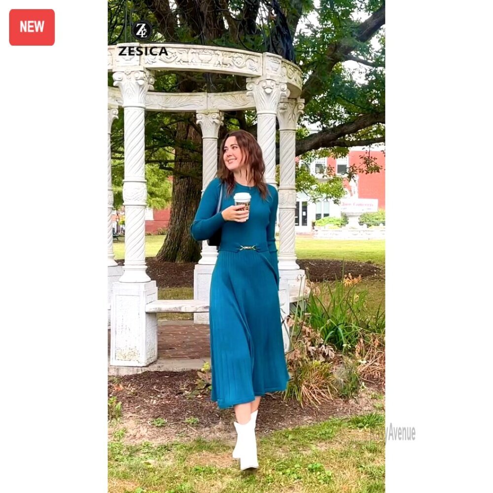 Long Sleeve Midi Sweater Dress with Belt, Knit A-Line Pleated Flowy - Picture 8 of 8